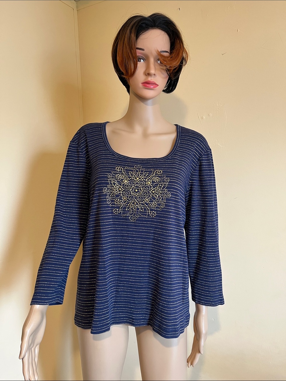 Chico's Navy Striped Long-Sleeve Top with Gold Embellished Medallion